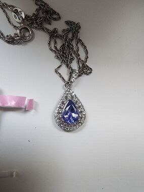 SS Teardrop Pendant Necklace with Blue Gemstone 18 Inch Chain .925 SS